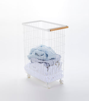 Rolling Wire Basket (24" H) - Steel + Wood-Laundry Basket-Yamazaki Home-santoku nyc