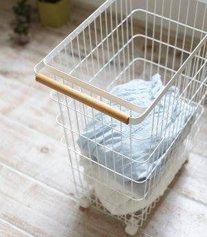 Rolling Wire Basket (24" H) - Steel + Wood-Laundry Basket-Yamazaki Home-santoku nyc