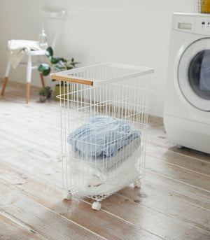 Rolling Wire Basket (24" H) - Steel + Wood-Laundry Basket-Yamazaki Home-santoku nyc