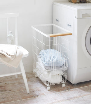 Rolling Wire Basket (24" H) - Steel + Wood-Laundry Basket-Yamazaki Home-santoku nyc