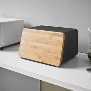 Bread Box With Cutting Board Lid - Steel + Wood-Bread Box-Yamazaki Home-santoku nyc