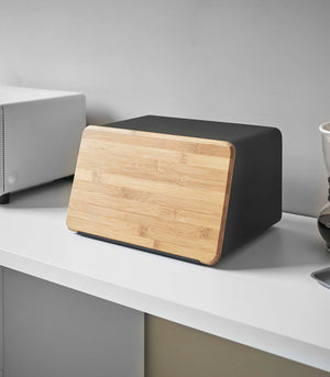 Bread Box With Cutting Board Lid - Steel + Wood-Bread Box-Yamazaki Home-santoku nyc
