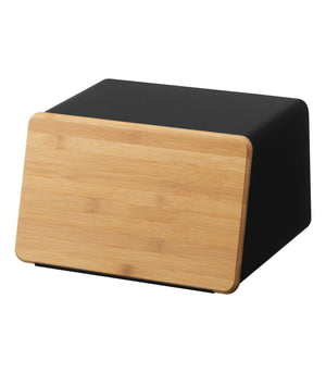 Bread Box With Cutting Board Lid - Steel + Wood-Bread Box-Yamazaki Home-Black-santoku nyc