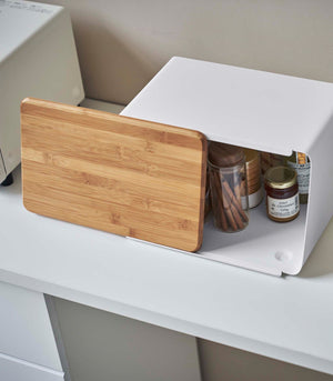 Bread Box With Cutting Board Lid - Steel + Wood-Bread Box-Yamazaki Home-santoku nyc