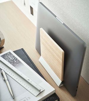 Steel & Wood Slim Laptop Stand-Remote Control & Tablet Organizer-Yamazaki Home-santoku nyc
