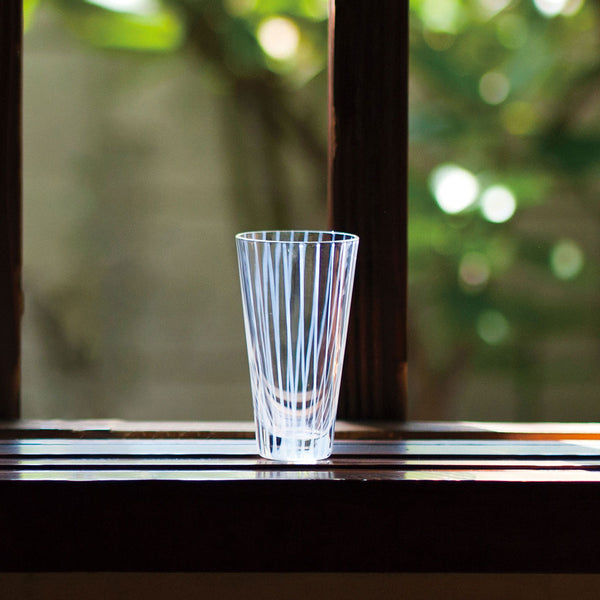 Edo-Kiriko "Tokusa" 3 oz. Sake Glass Tumbler Milky White Stripe / Hirota Glass
